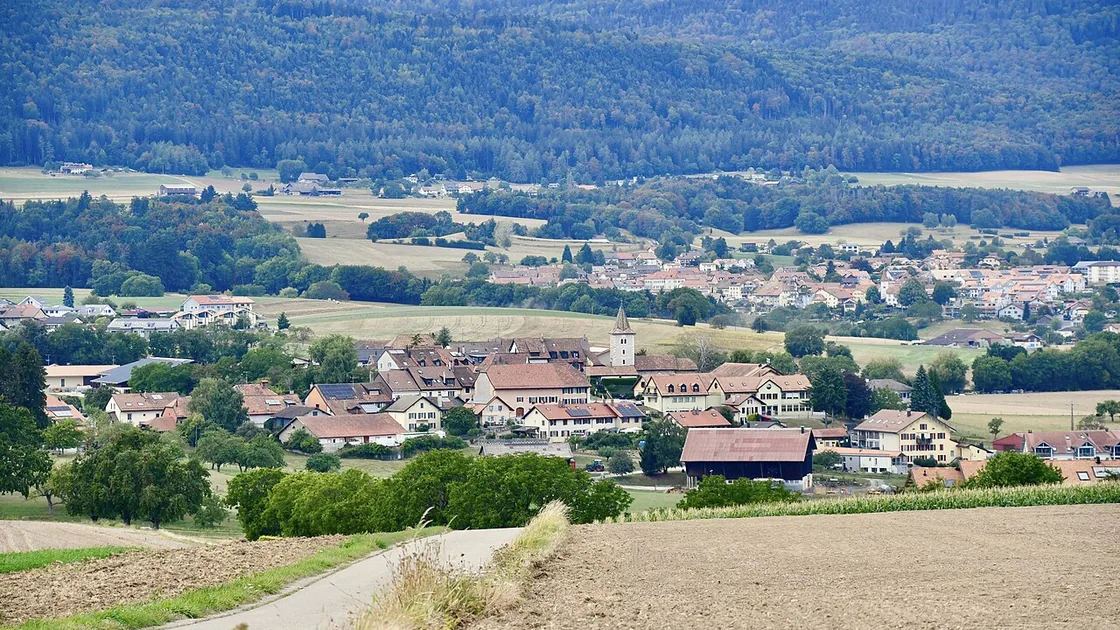 Vue sur le village d'Essertines-sur-Rolle depuis les champs