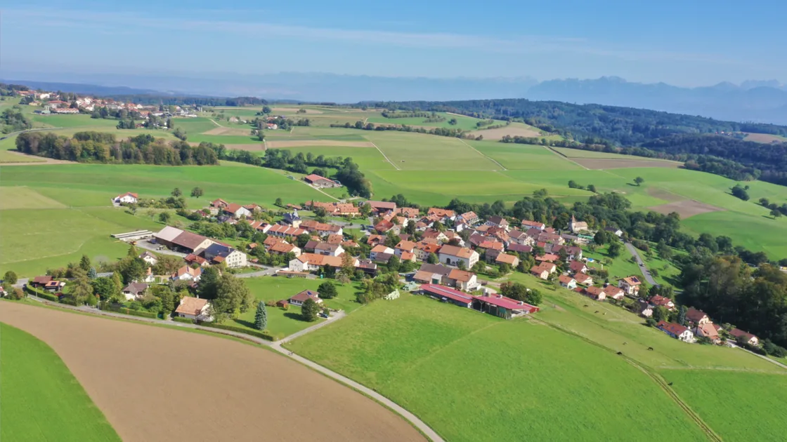 Vue aérienne de Marchissy, village allongé au milieu des prés