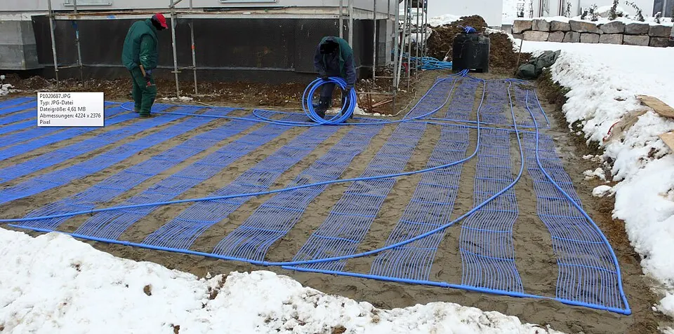 Capteurs géothermiques horizontaux déroulés dans une tranchée, sur un terrain enneigé.